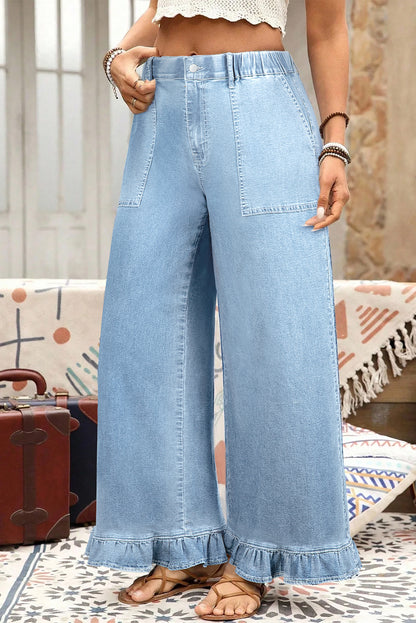 Sail Blue Plus Size Elastic Waist Ruffled Wide Leg Denim Pants