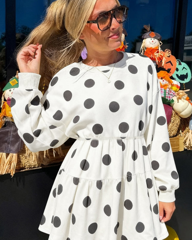 White Polka Dot Printed Long Sleeve Flared Mini Dress