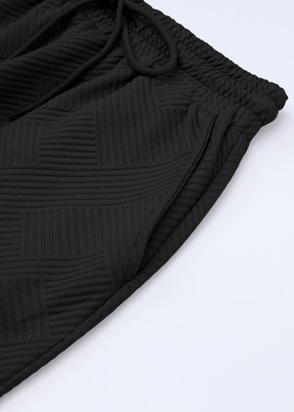 Black Textured Loose Fit T Shirt and Drawstring Pants Set