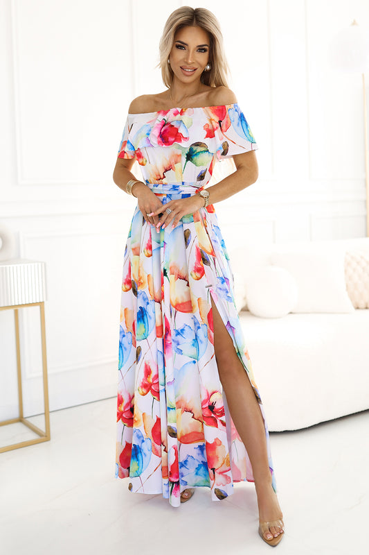 194-5 Long summer dress with a belt - colorful flower pattern