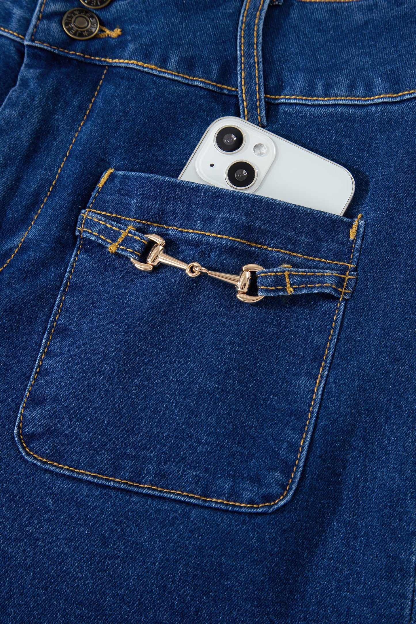 Sail Blue Hardware Decor Patched Pockets Wide Leg Jean Pants