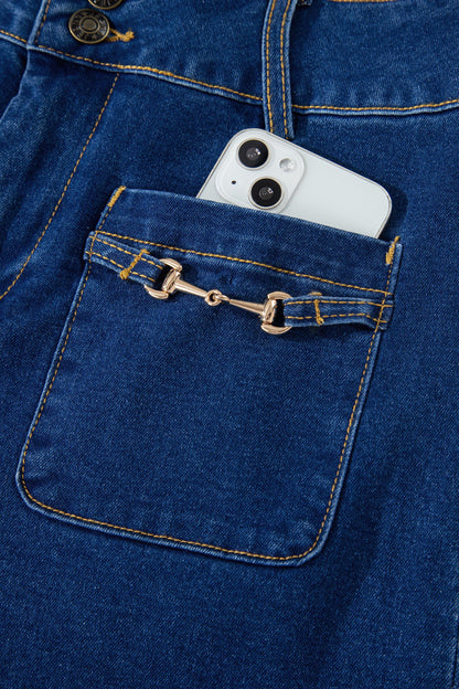 Sail Blue Hardware Decor Patched Pockets Wide Leg Jean Pants
