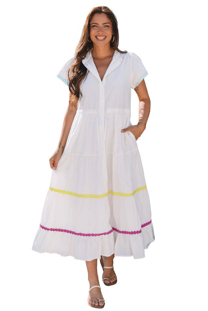 White Colorblock Rickrack Trim Short Sleeve Drawstring Waist Long Dress