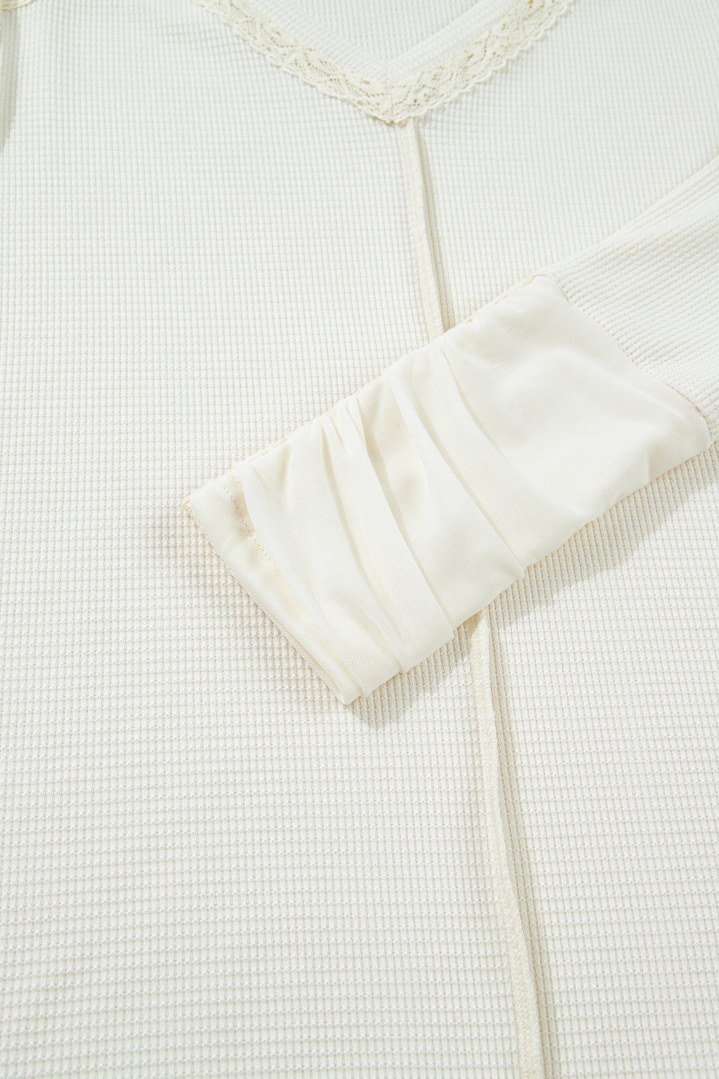 Beige Thermal Knit Lace Ruched Patchwork Long Sleeve V Neck Top