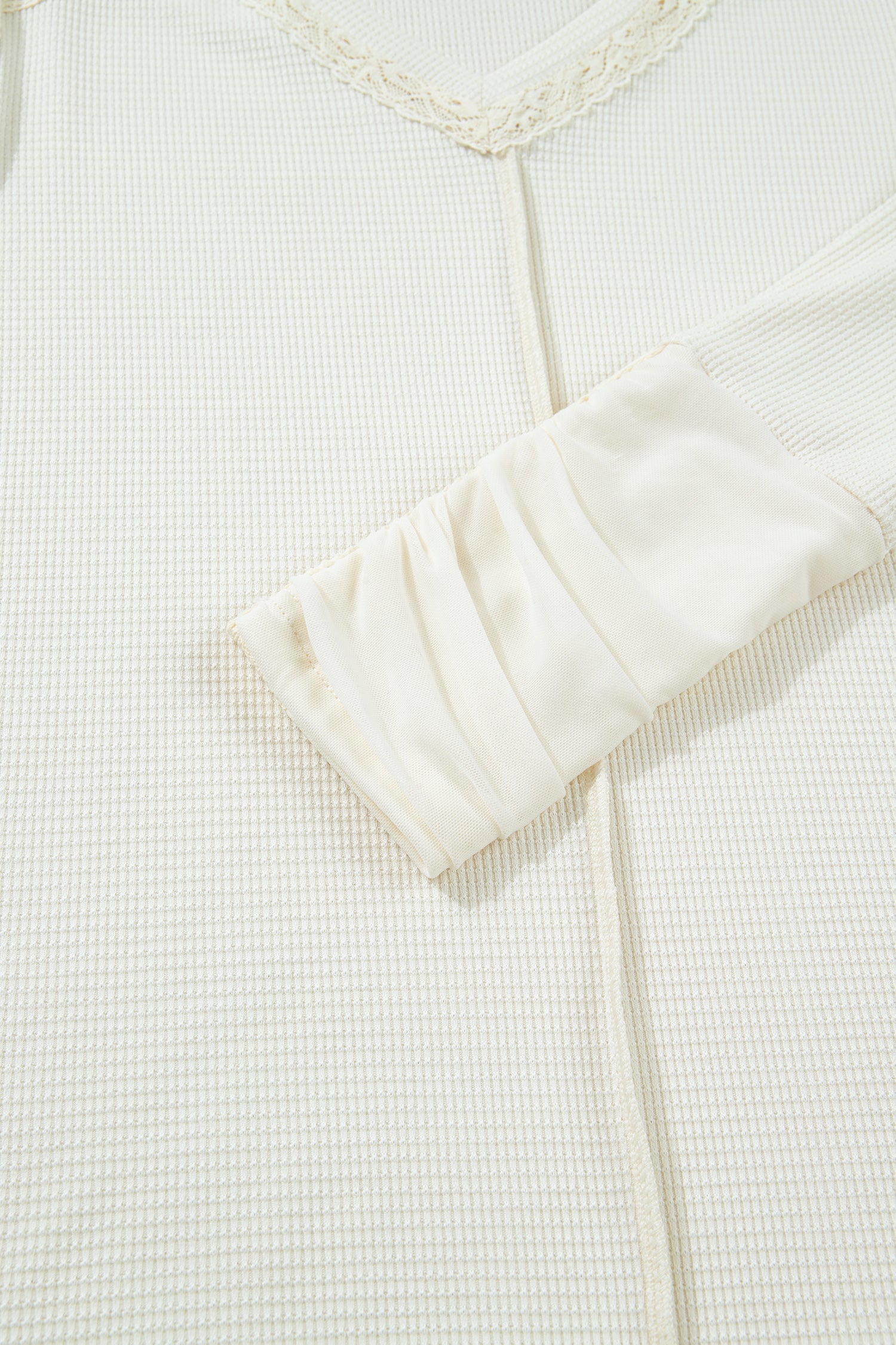 Beige Thermal Knit Lace Ruched Patchwork Long Sleeve V Neck Top