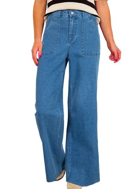 Dusk Blue Retro Washed Patch Pocket Loose Jeans