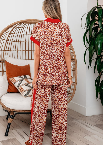 Brown Contrast Trim Leopard Top and Pant Set