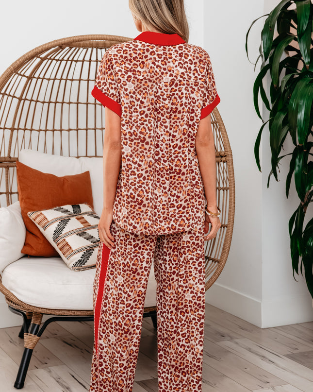 Brown Contrast Trim Leopard Top and Pant Set
