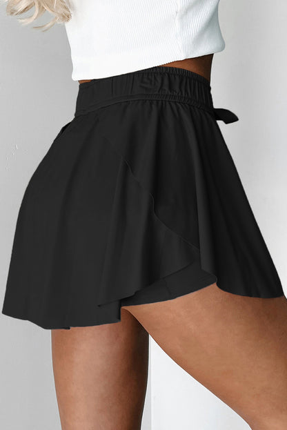 Black Drawstring High Waist Lined Tennis Skorts
