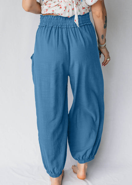Prussian Blue Smocked Waist Casual Jogger Style Pants