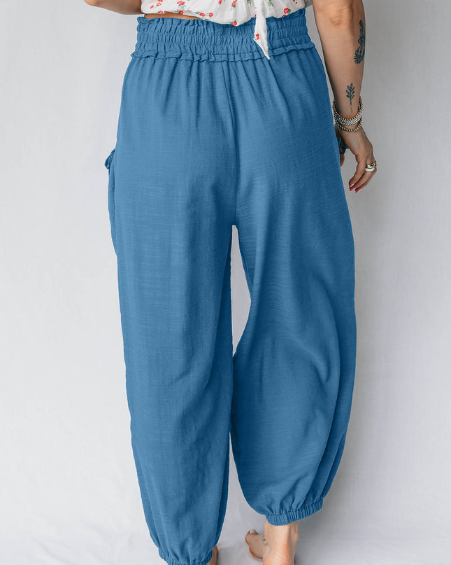 Prussian Blue Smocked Waist Casual Jogger Style Pants