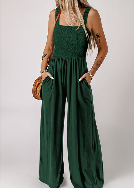 Ginger Smocked Sleeveless Wide Leg Jumpsuit with Pockets