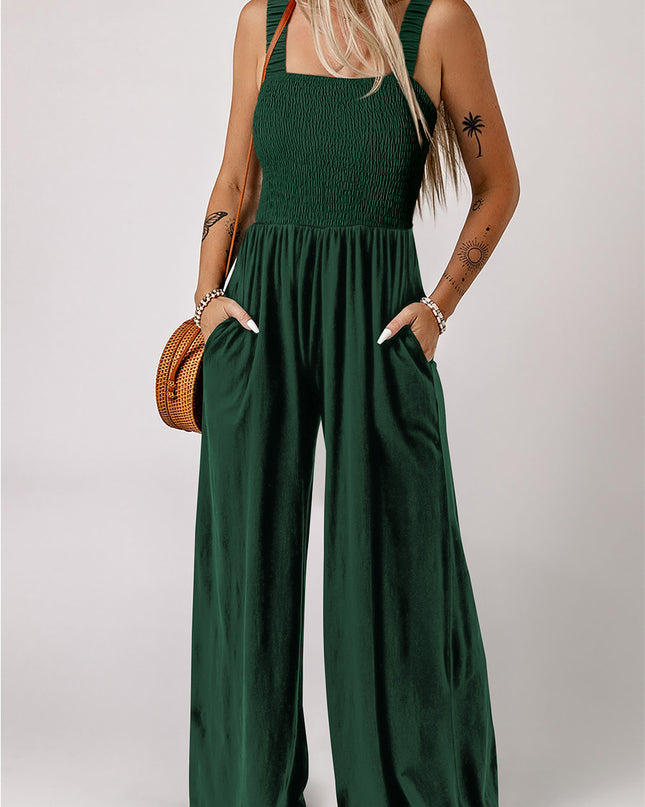 Ginger Smocked Sleeveless Wide Leg Jumpsuit with Pockets