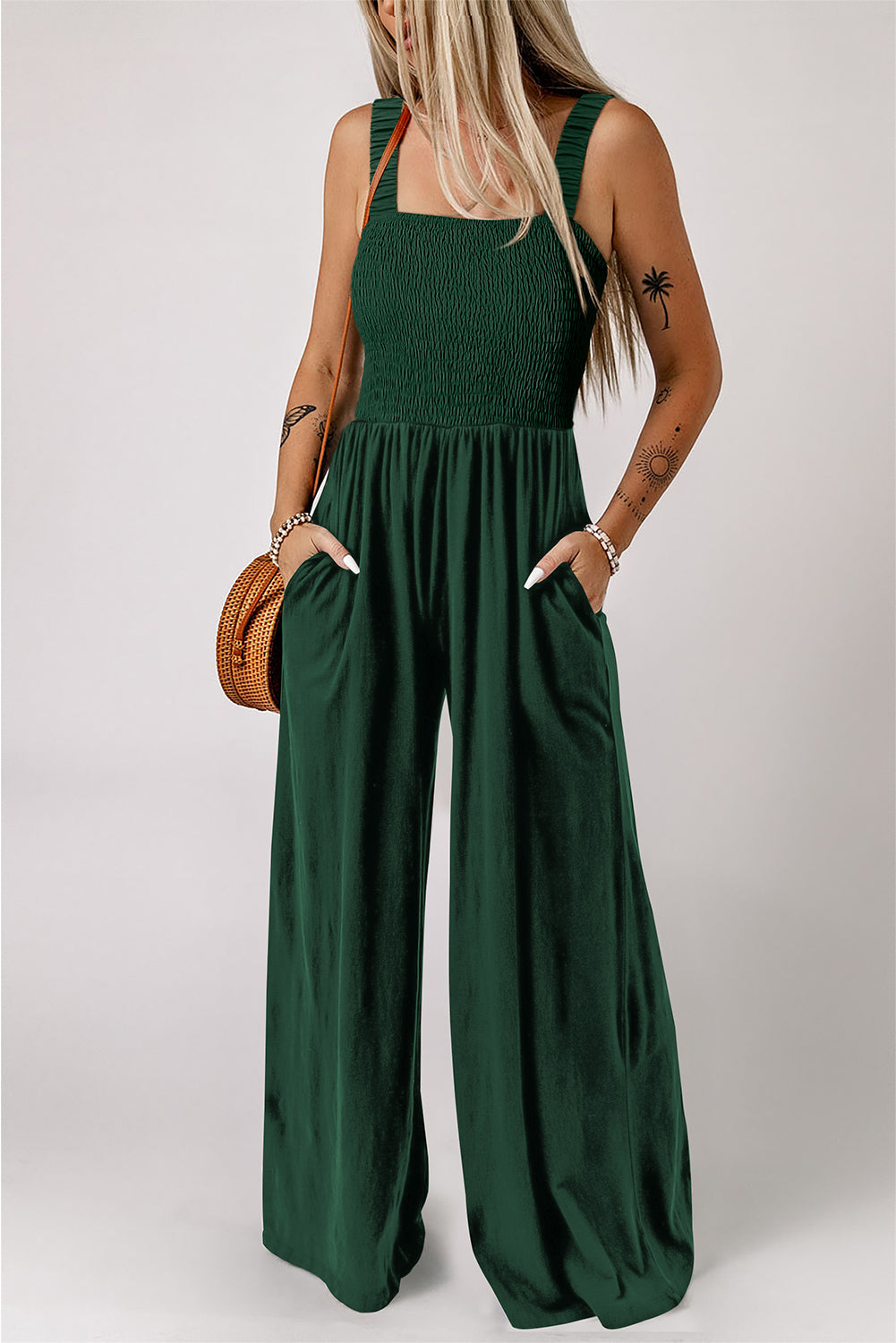 Ginger Smocked Sleeveless Wide Leg Jumpsuit with Pockets