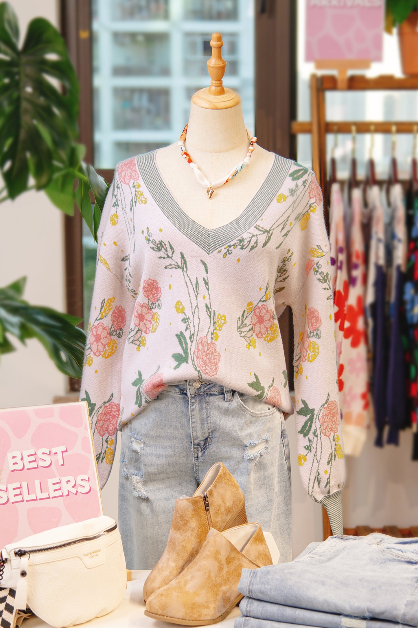 Pink Floral Pattern Striped V Neck Loose Sweater