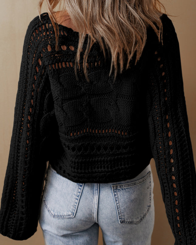 Smoke Gray Hollow-out Cable Knit Cropped Sweater
