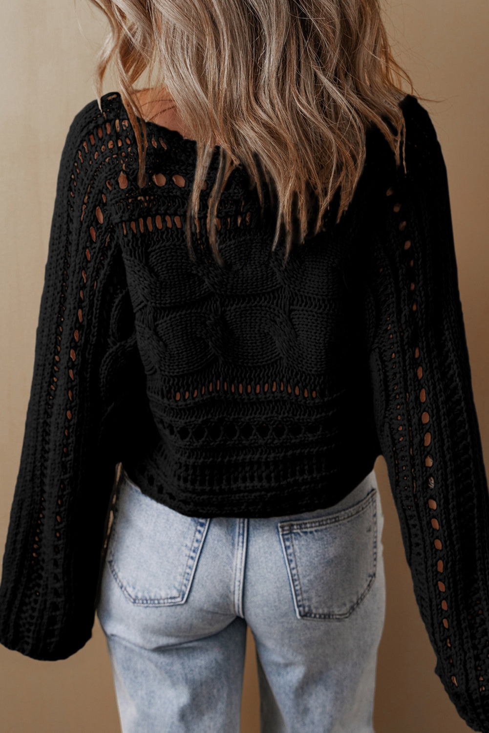 Smoke Gray Hollow-out Cable Knit Cropped Sweater