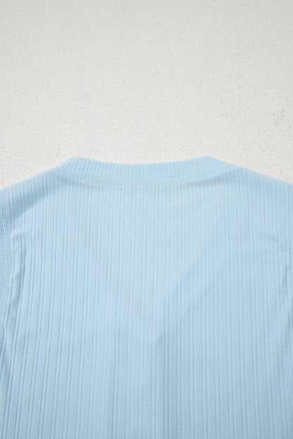 Gossamer Pink Ribbed Button V Neck Tank Top and Shorts Set