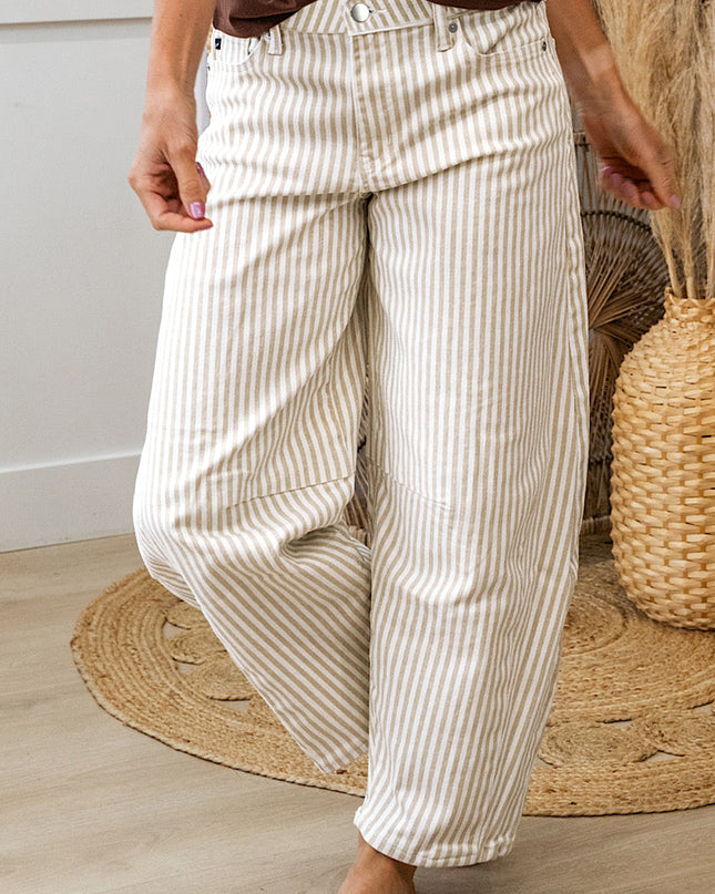 Khaki Stripe Casual Barrel Jeans