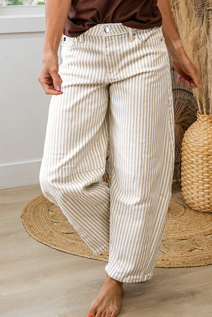 Khaki Stripe Casual Barrel Jeans