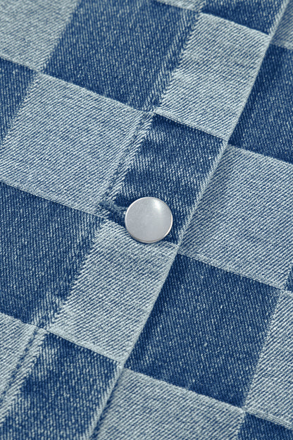 Beau Blue Checkered Ruffle Trim Button Down Denim Vest