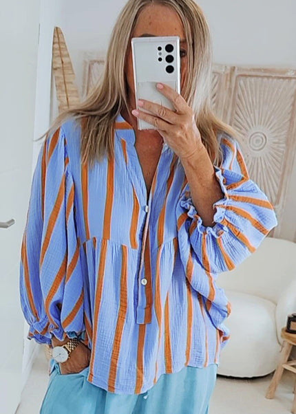 Orange Stripe Crinckled Ruffled Sleeve Button up Loose Shirt
