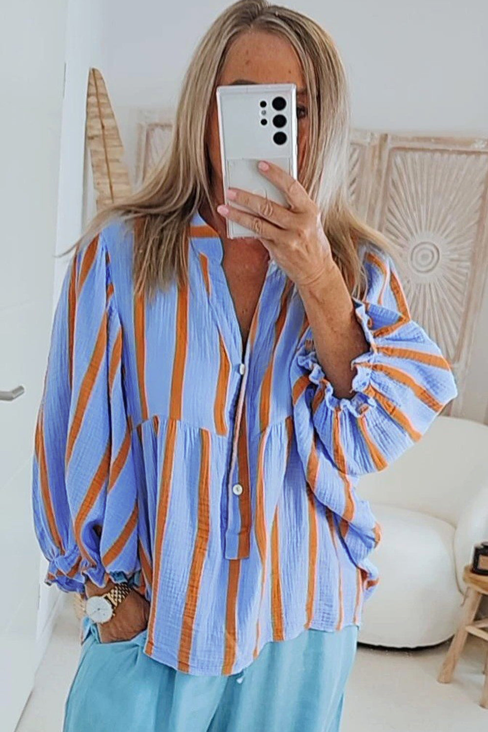 Orange Stripe Crinckled Ruffled Sleeve Button up Loose Shirt