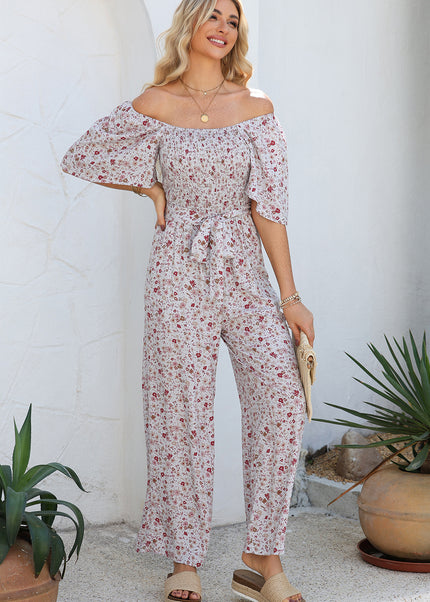 White Smocked Short Sleeve Wide Leg Floral Print Jumpsuit
