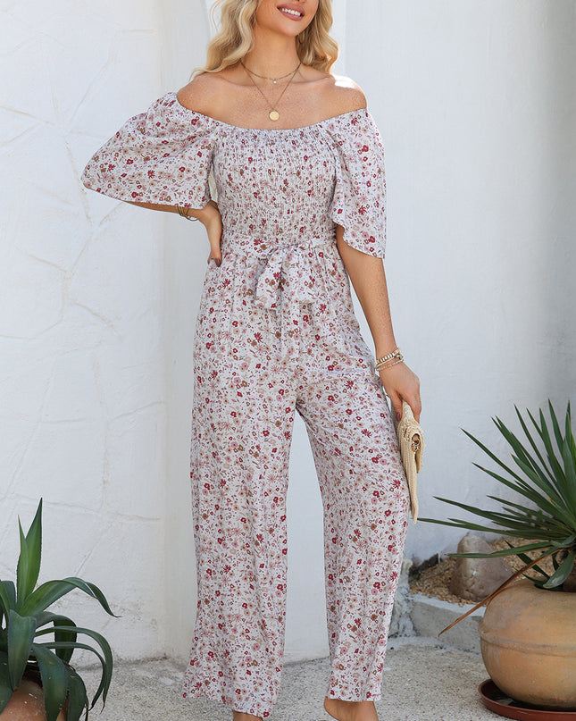 White Smocked Short Sleeve Wide Leg Floral Print Jumpsuit