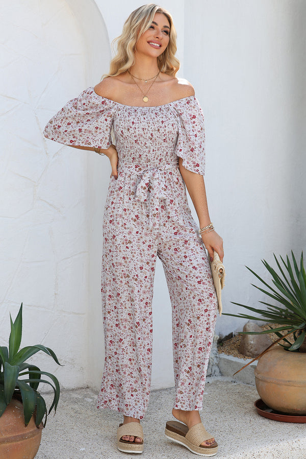 White Smocked Short Sleeve Wide Leg Floral Print Jumpsuit