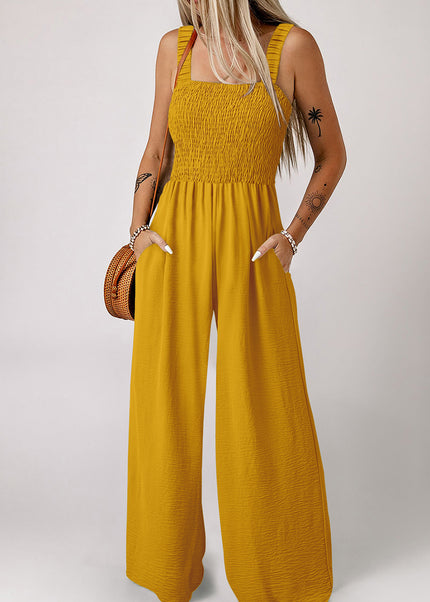 Ginger Smocked Sleeveless Wide Leg Jumpsuit with Pockets