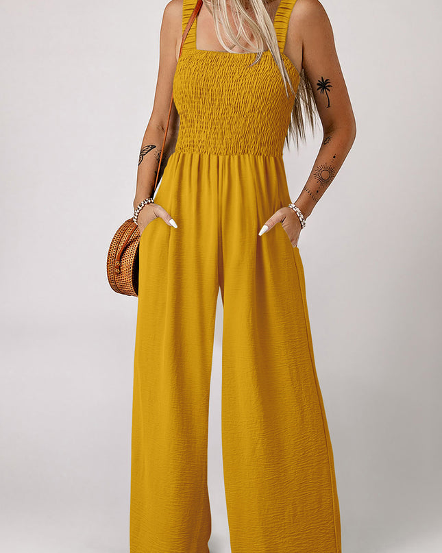 Ginger Smocked Sleeveless Wide Leg Jumpsuit with Pockets