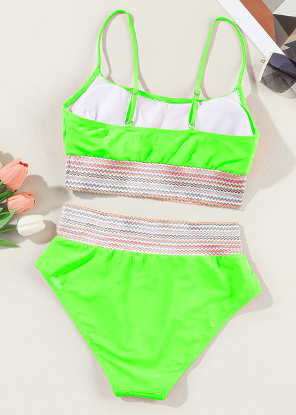 Peach Blossom Striped Patchwork Spaghetti Strap High Waist Bikini Swimsuit