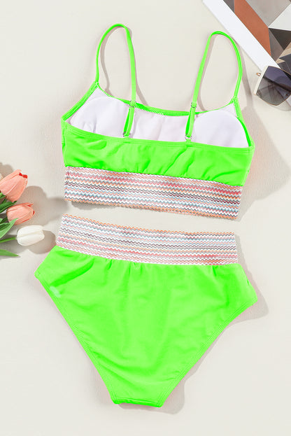 Peach Blossom Striped Patchwork Spaghetti Strap High Waist Bikini Swimsuit