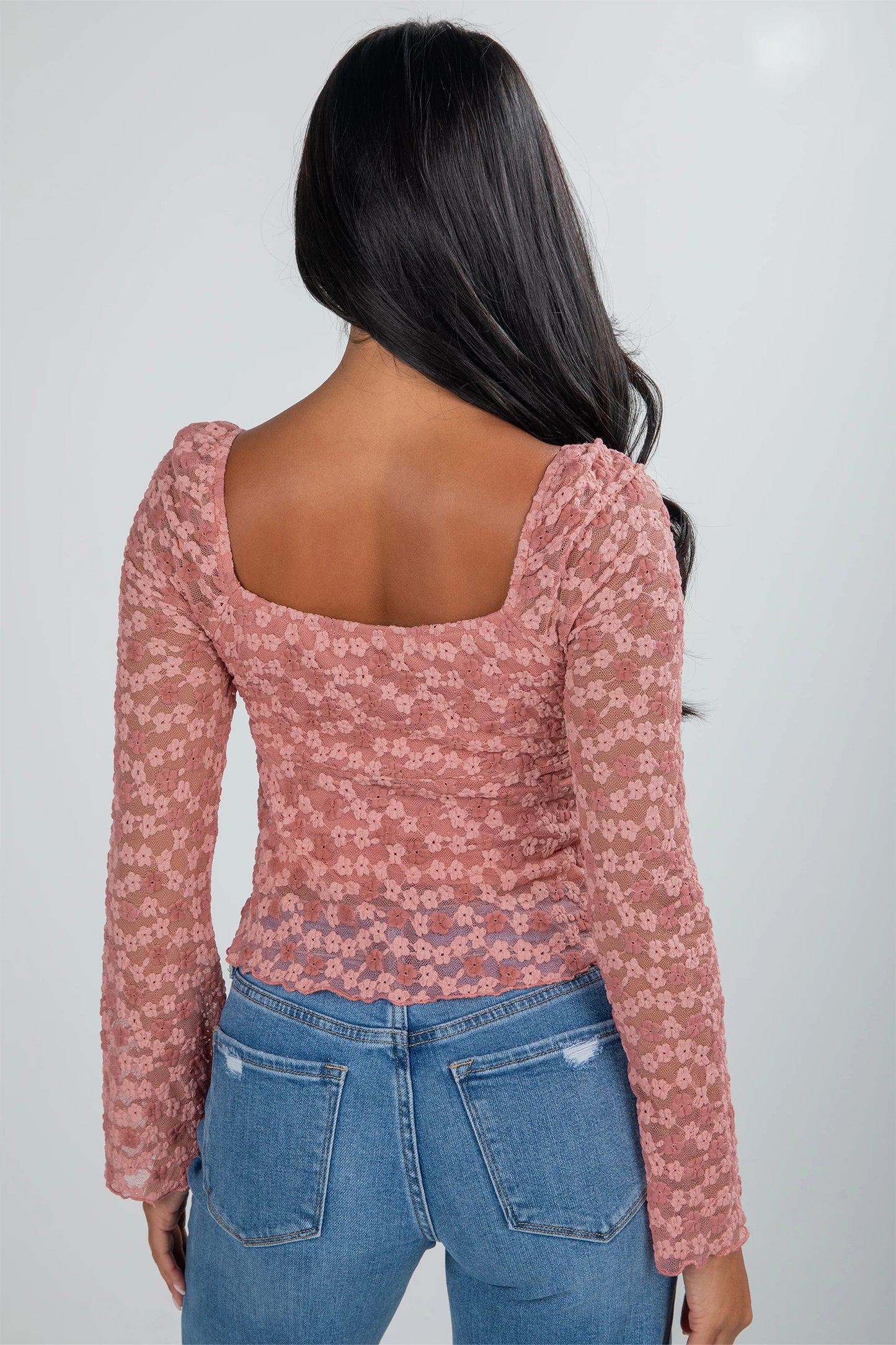Peach Blossom Drawstring Knot Detail Floral Lace Blouse