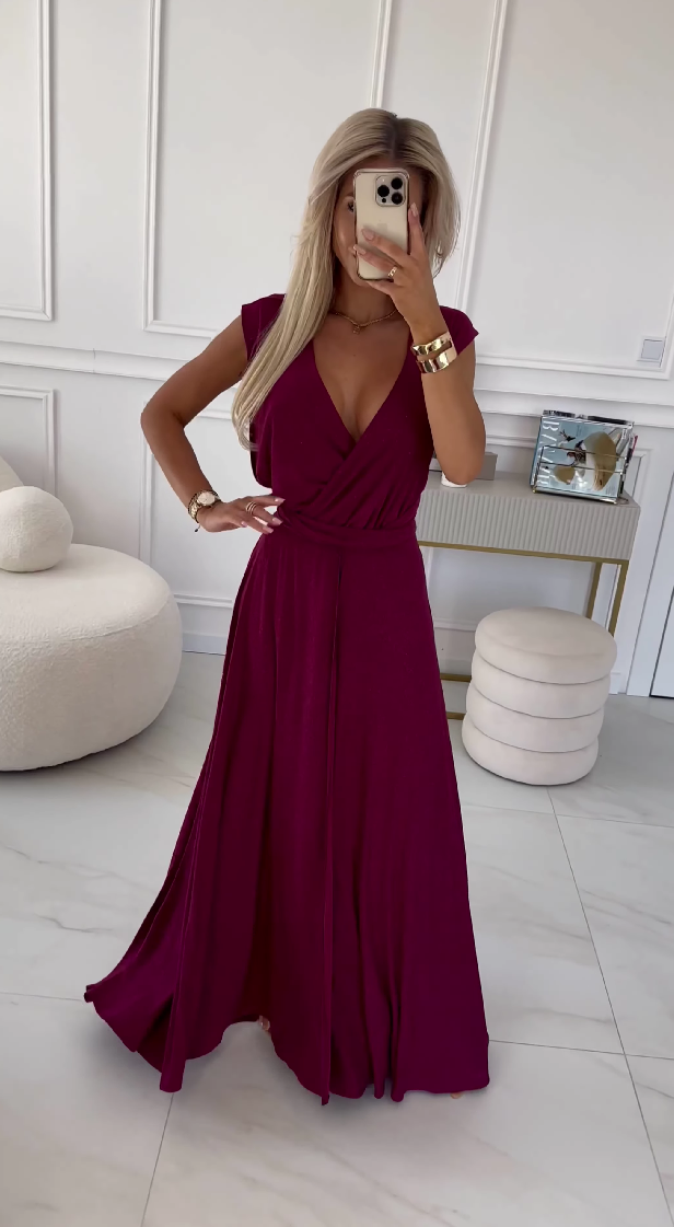 Load video: 509-3 Elegant long dress tied in many ways - burgundy with glitter