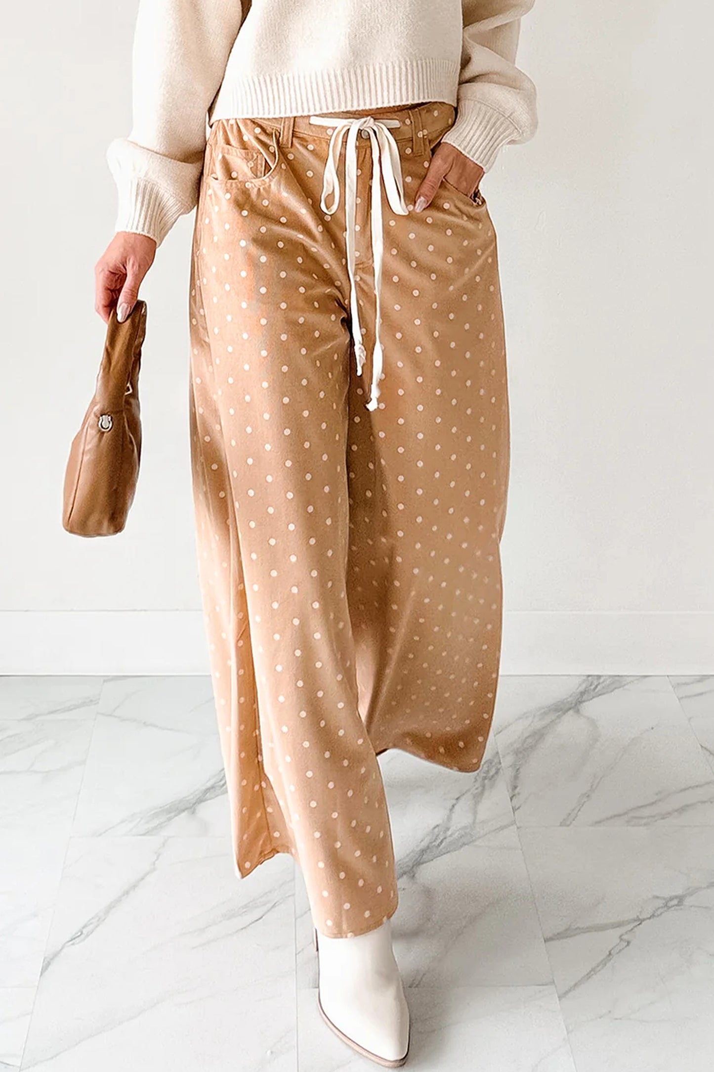 Khaki Polka Dot Print Drawstring Wide Leg Pants