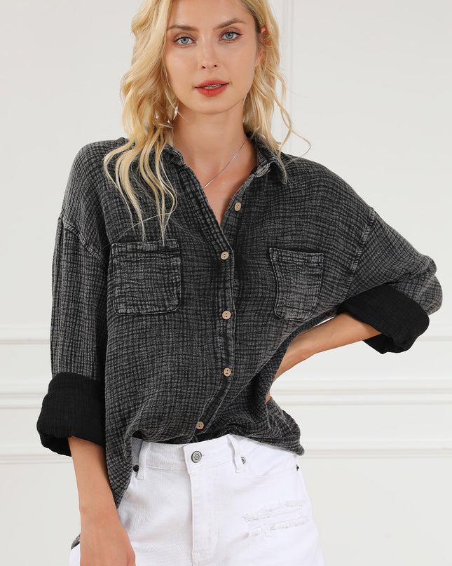 Black Crinkle Textured Chest Pockets Shirt