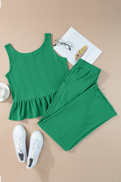 Beau Blue Solid Color Ribbed Ruffle Tank Top and Pants Set