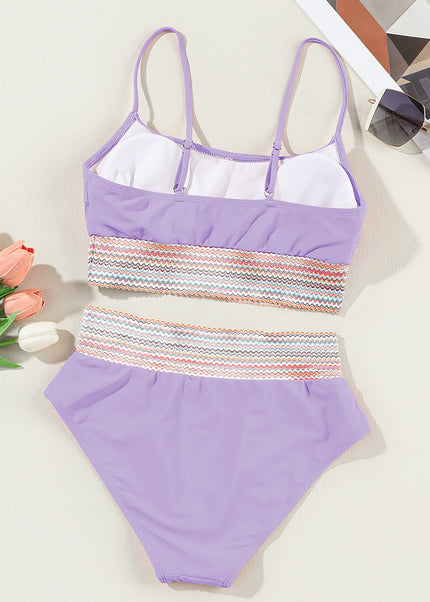 Peach Blossom Striped Patchwork Spaghetti Strap High Waist Bikini Swimsuit
