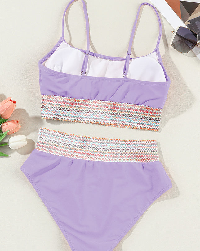 Peach Blossom Striped Patchwork Spaghetti Strap High Waist Bikini Swimsuit
