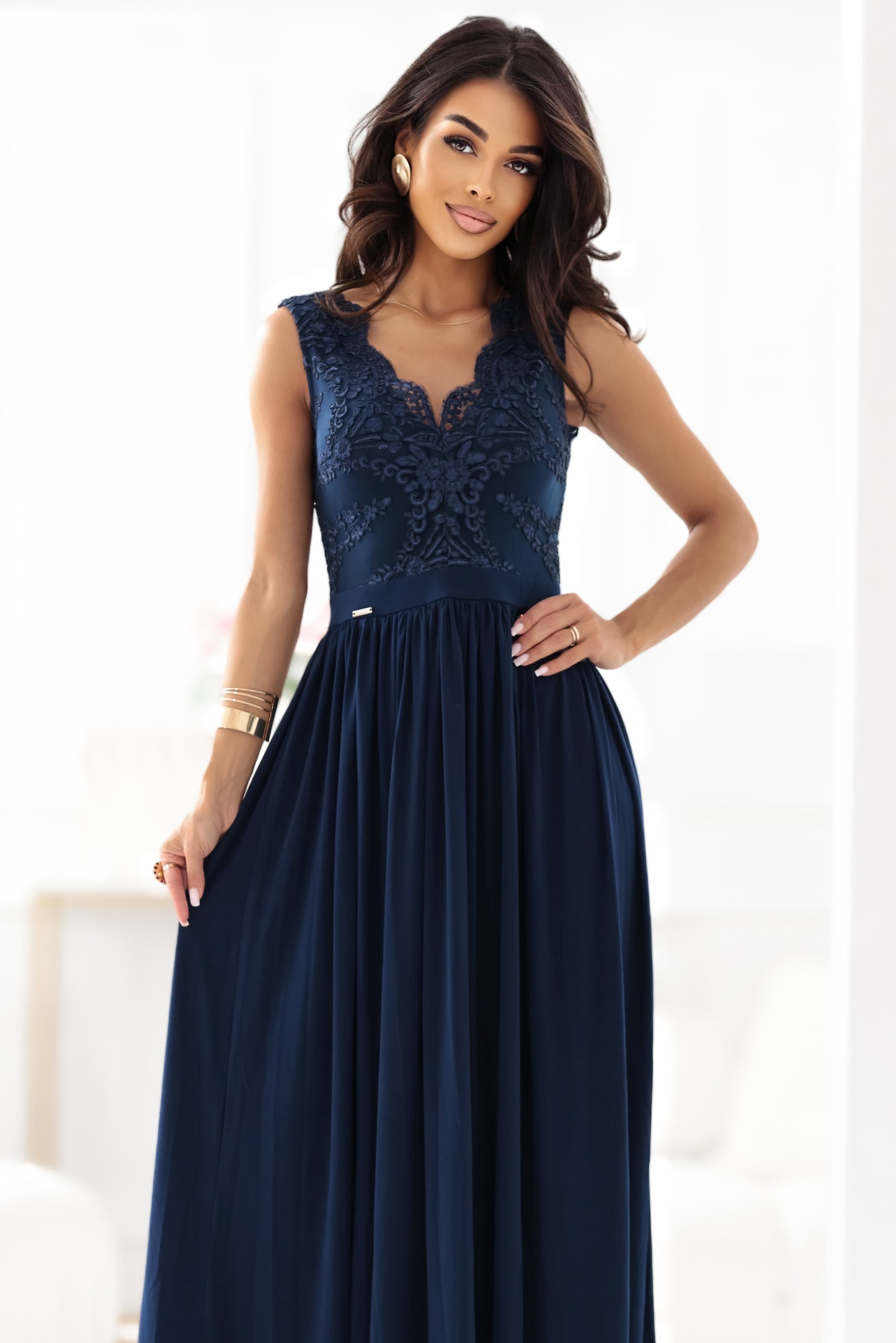 215-6 LEA long elegant maxi dress with lace top and slit on the leg - navy blue