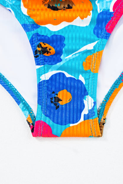 Sky Blue Adjustable Straps Ribbed Knit One Piece Swimsuit