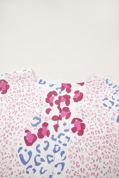 Leopard Print V Neck Short Sleeve Blouse