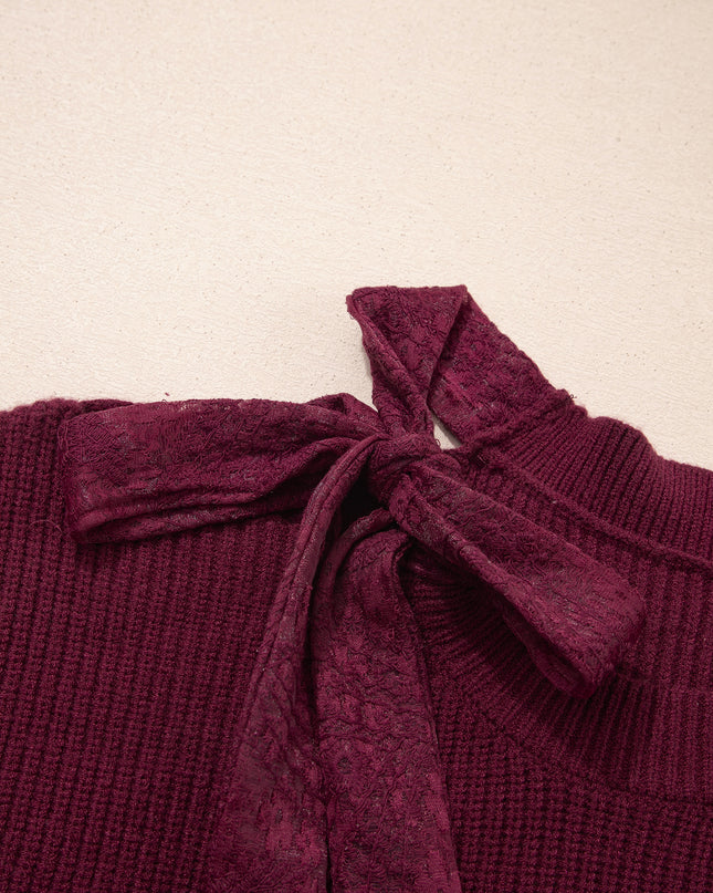 Burgundy Lace Bowknot Asymmetric Neck Sweater