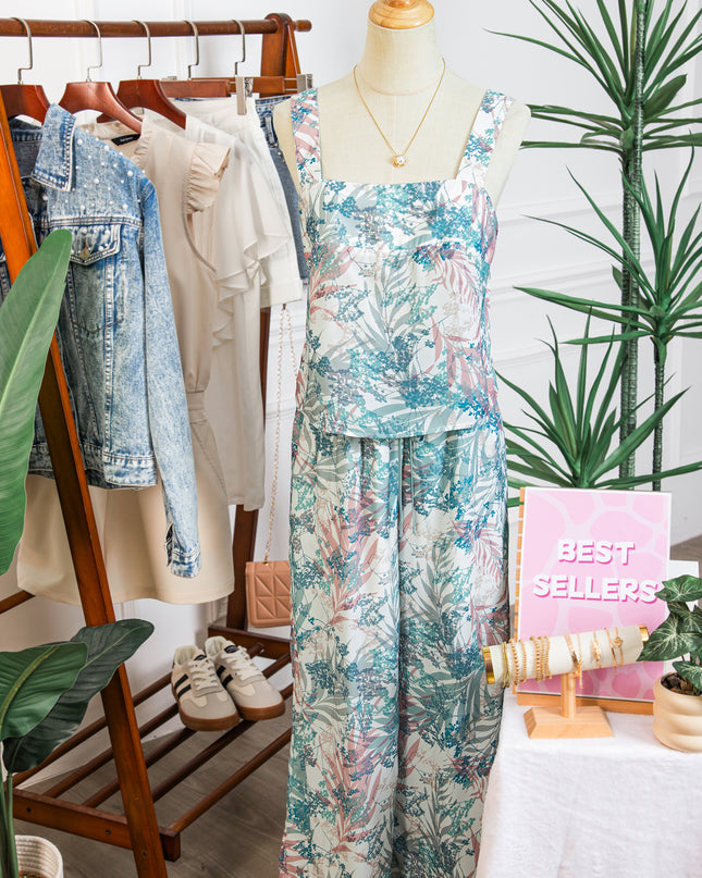 Green Tropical Palm Printed Cropped Tank Drawstring Wide Leg Pant Set