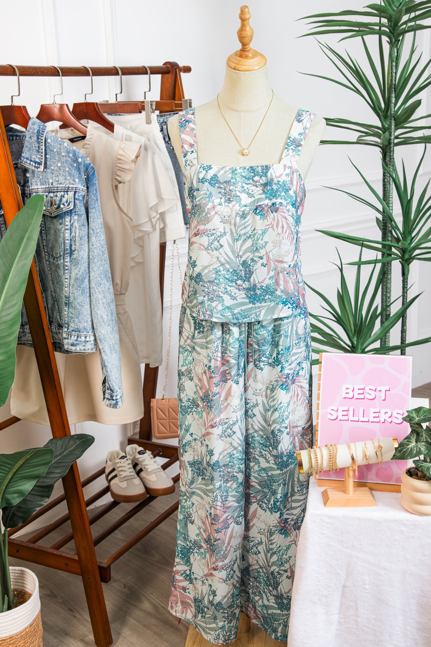 Green Tropical Palm Printed Cropped Tank Drawstring Wide Leg Pant Set