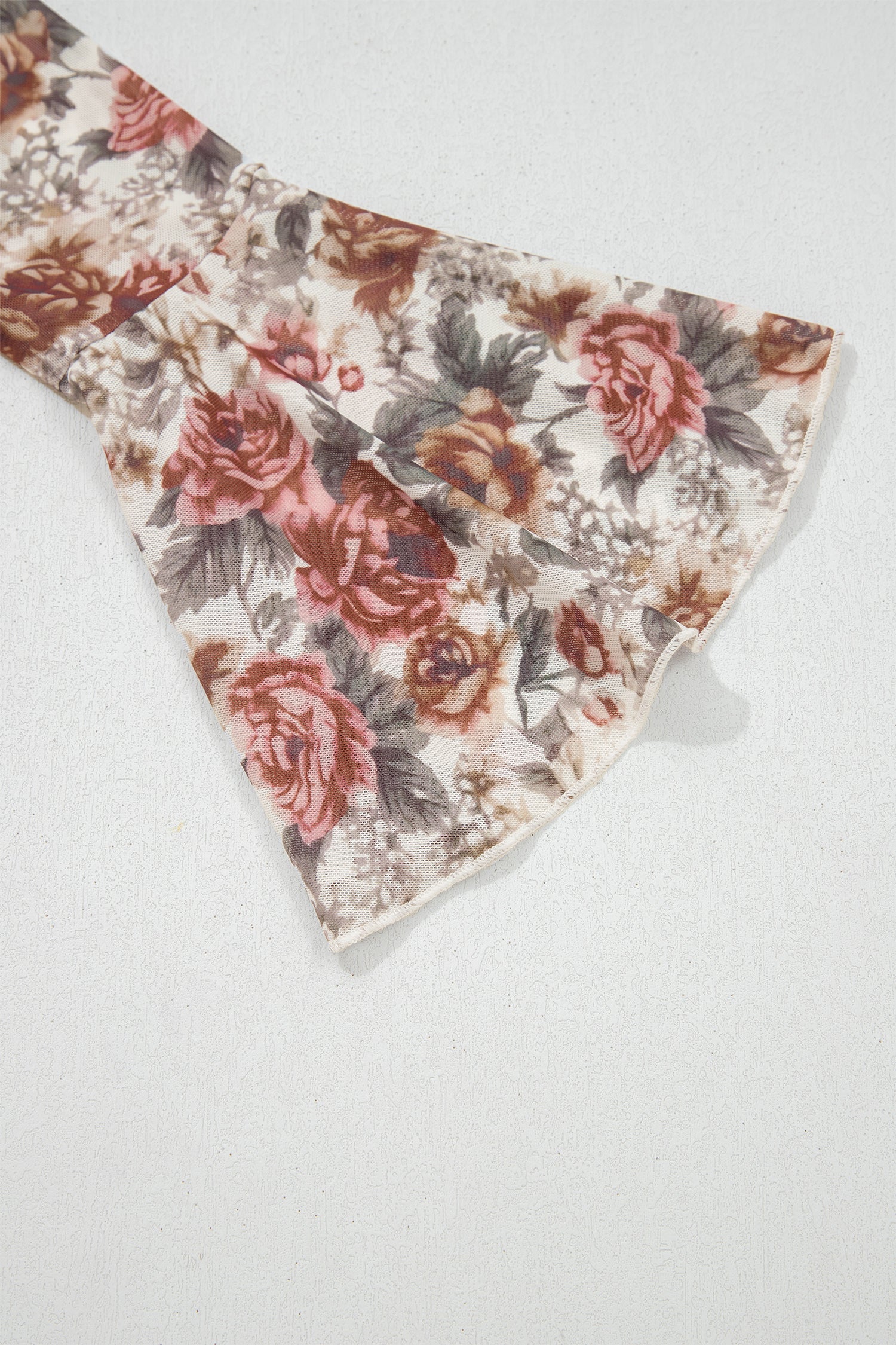 Red Floral Print Stitched Detail Tie V Neck Long Bell Sleeve Blouse