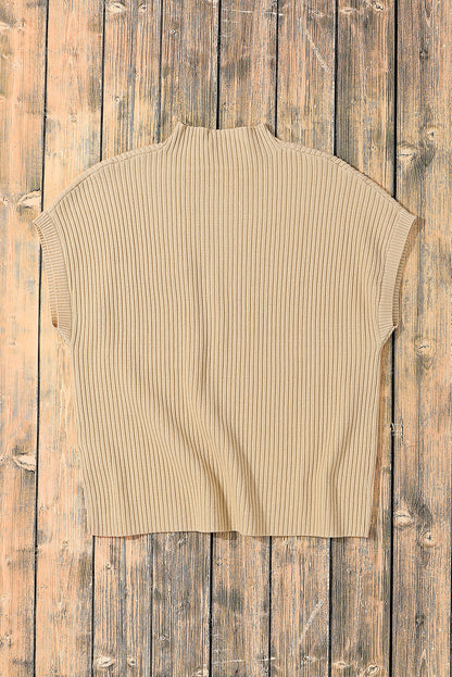 Oatmeal Patch Pocket Ribbed Knit Short Sleeve Sweater