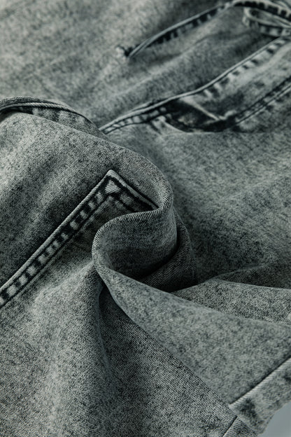 Smoke Gray Acid Wash Barrel Fit Denim Pants with Waist String